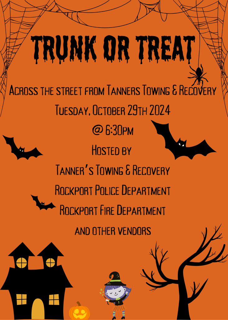 A flyer with information about the oct. 29, 2024 Trunk or Treat on Tanner Street