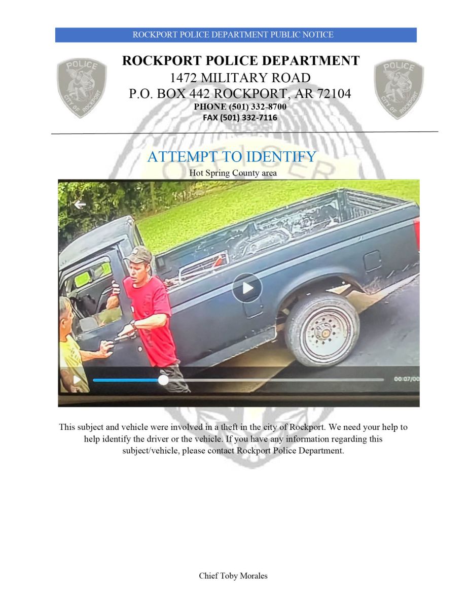 Flyer with picture of pickup truck and man involved in recent theft, seeking ID